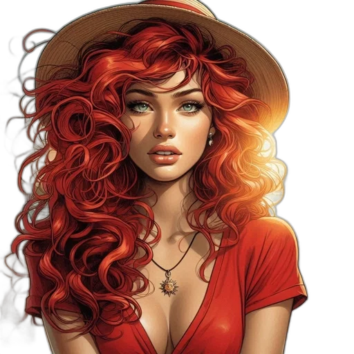 hat, jewelry, hair, comic book art, fantasy art, photorealistic, concept art, red transparent PNG cut-out