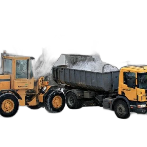 photorealistic, concept art, yellow, kuntec, loader, dumping, snow, into transparent PNG cut-out
