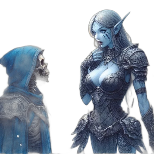 concept art, fantasy art, comic book art, pixel art, blue, monochrome, dark, skeletal transparent PNG cut-out