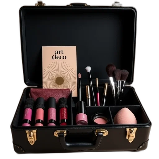 dark, black, makeup, case, open, revealing, assortment, products transparent PNG cut-out