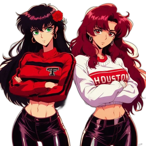 anime, pixel art, vaporwave, cyberpunk, red, two, animated, females transparent PNG cut-out