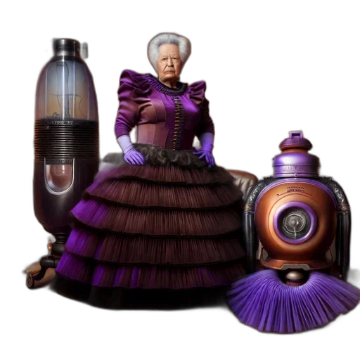 dress, bottle, 3d render, concept art, elderly, woman, stands, vintage-styled transparent PNG cut-out