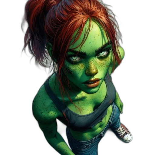 comic book art, concept art, fantasy art, photorealistic, green, woman, skin, red transparent PNG cut-out