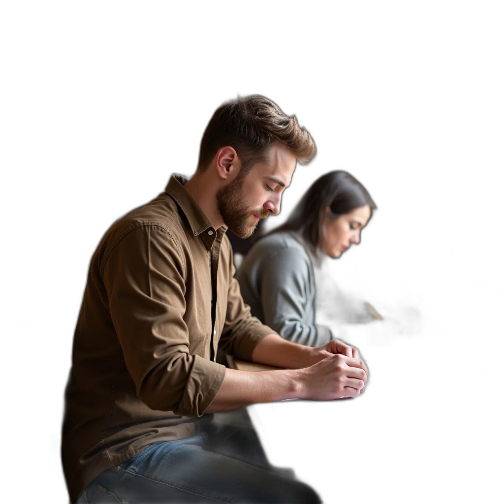 jacket, furniture, staff, forest, fog, man, sitting, table transparent PNG cut-out