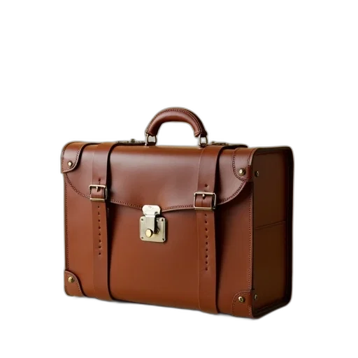 vintage, brown, leather, suitcase, metal, handle, lock, placed transparent PNG cut-out