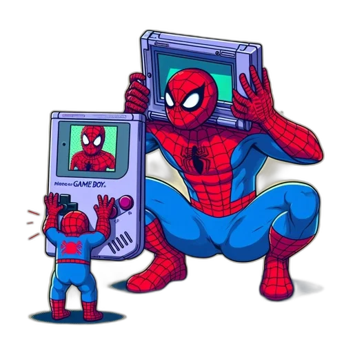 robot, concept art, pixel art, comic book art, cyberpunk, spider-man, holds, nintendo transparent PNG cut-out