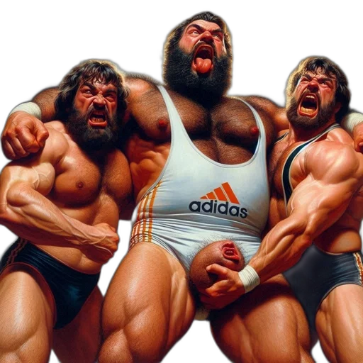concept art, photorealistic, image, three, wrestlers, adidas, singlet, one transparent PNG cut-out