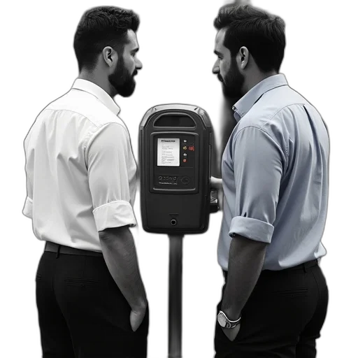 robot, black, white, photograph, depicts, two, men, standing transparent PNG cut-out