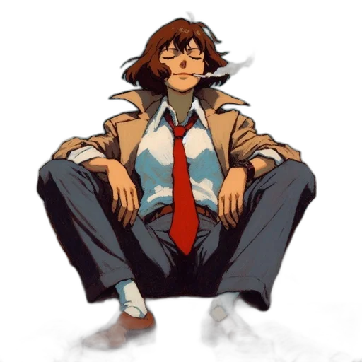 jacket, staff, robot, concept art, pixel art, anime, cartoon, monochrome transparent PNG cut-out