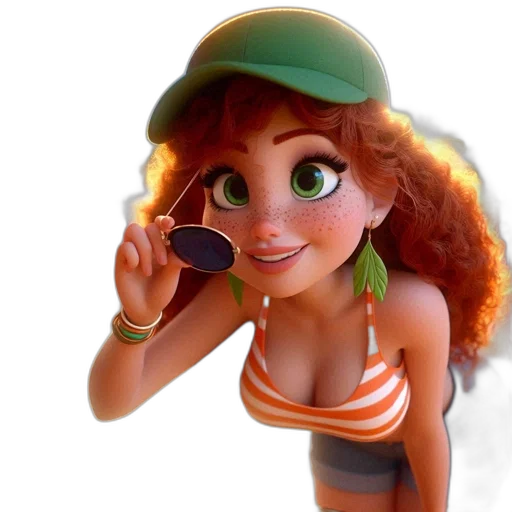 hat, 3d render, cartoon, concept art, photorealistic, underwater, girl, beach transparent PNG cut-out