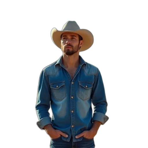 jacket, hat, man, wearing, cowboy, blue, denim, shirt transparent PNG cut-out