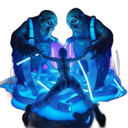 mask, creature, jacket, umbrella, concept art, vaporwave, cyberpunk, 3d render transparent PNG cut-out