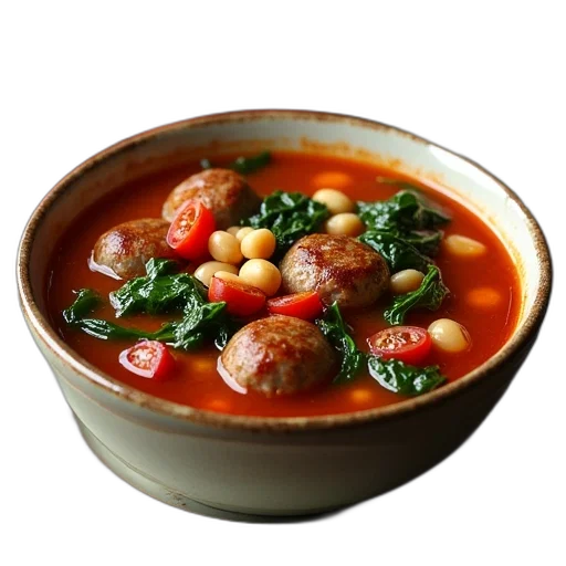 food, photorealistic, 3d render, italian, sausage, soup, spinach, tomatoes transparent PNG cut-out
