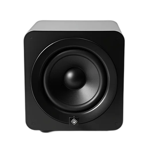 3d render, black, square-shaped, speaker, circular, grille, front, featuring transparent PNG cut-out
