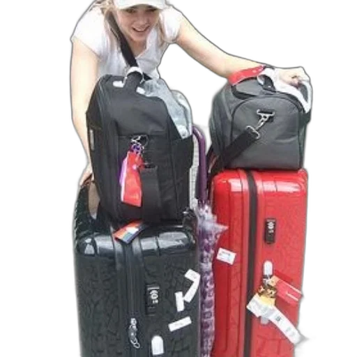 staff, woman, stands, next, two, suitcases, backpack, all transparent PNG cut-out