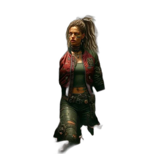 jacket, staff, concept art, cyberpunk, fantasy art, comic book art, dark, dimly transparent PNG cut-out