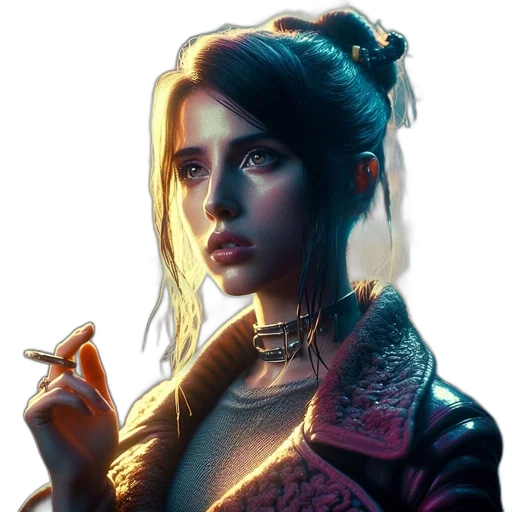 jewelry, face, jacket, fantasy art, concept art, cyberpunk, comic book art, neon lights transparent PNG cut-out