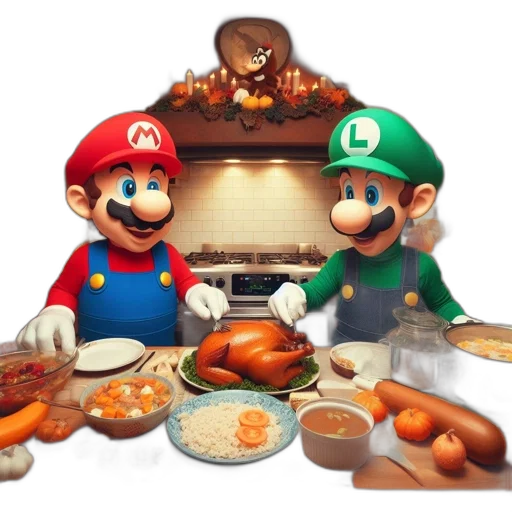 food, 3d render, concept art, mario, luigi, celebrate, together, festive transparent PNG cut-out
