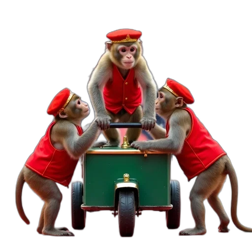 car, animal, concept art, photorealistic, group, monkeys, dressed, traditional transparent PNG cut-out