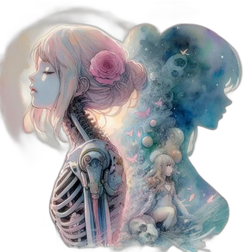 mask, robot, fantasy art, watercolor, concept art, vaporwave, outer space, fire transparent PNG cut-out