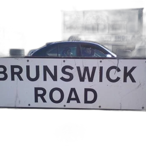 car, sign, brunswick, road, prominently, displayed, front, busy transparent PNG cut-out