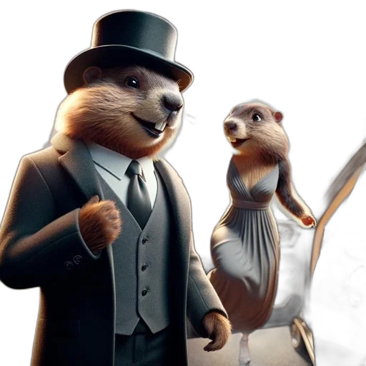 concept art, 3d render, cartoon, two, anthropomorphic, groundhogs, dressed, formally transparent PNG cut-out