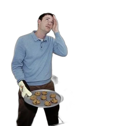 food, jacket, man, blue, sweater, holds, tray, freshly transparent PNG cut-out