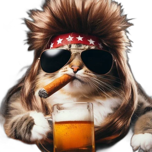 animal, hat, photorealistic, amusing, feline, wears, rockstar-style, wig transparent PNG cut-out