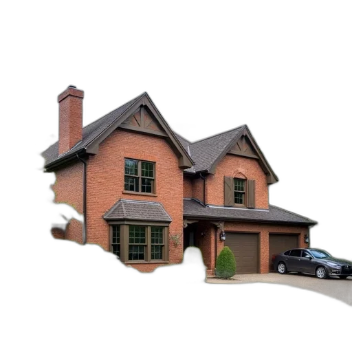 building, 3d render, photorealistic, two-story, brick, house, gabled, roof transparent PNG cut-out