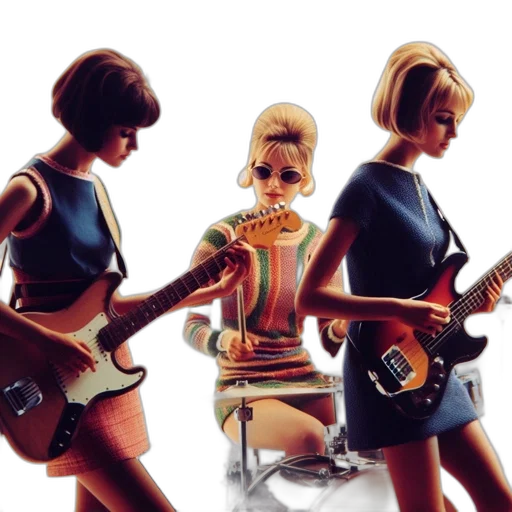 three, women, 60s, attire, play, musical, instruments, electric transparent PNG cut-out