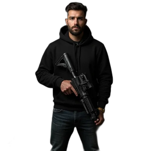jacket, weapon, staff, animal, cyberpunk, concept art, man, black transparent PNG cut-out