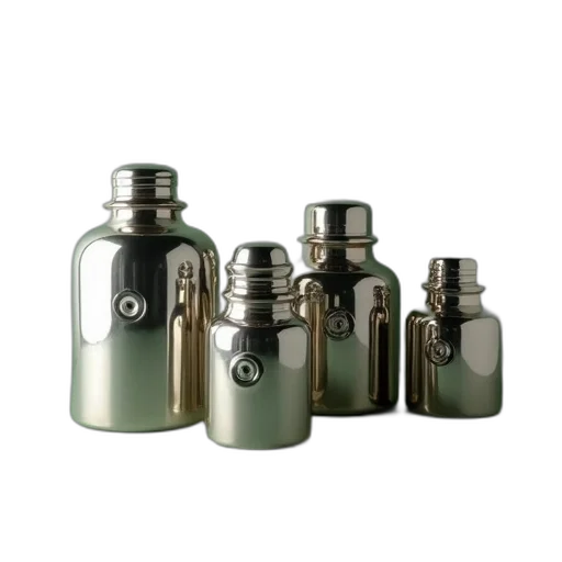 bottle, 3d render, green, collection, five, metallic, containers, lids transparent PNG cut-out