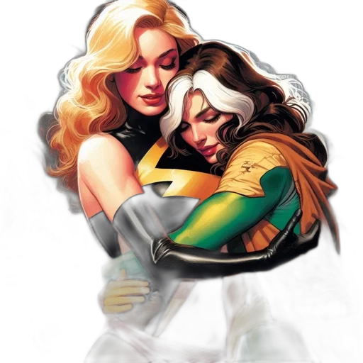 comic book art, concept art, two, contrasting, female, superheroes, share, intimate transparent PNG cut-out