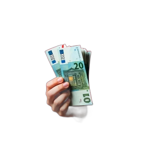 3d render, person, hand, holding, stack, euro, banknotes, red transparent PNG cut-out