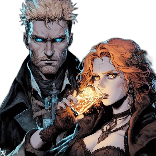 comic book art, concept art, cyberpunk, fire, two, contrasting, individuals, one transparent PNG cut-out