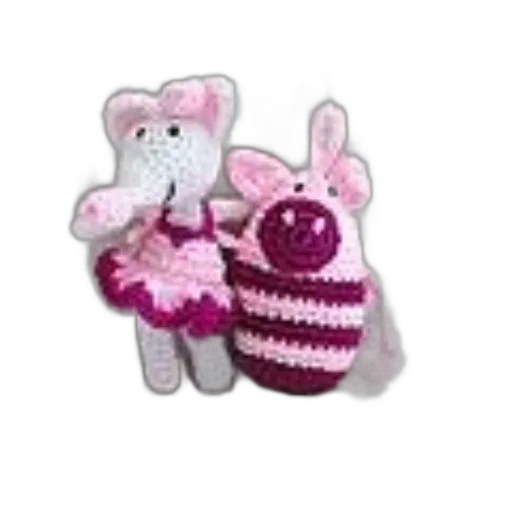 charming, crocheted, mouse, pig, pink, purple, outfits, text transparent PNG cut-out