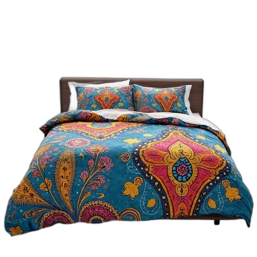 furniture, colorful, bed, paisley, patterned, duvet, cover, two transparent PNG cut-out