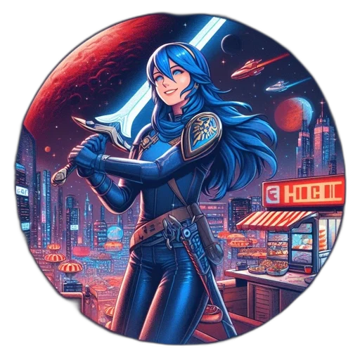 jacket, robot, staff, comic book art, cyberpunk, concept art, anime, neon lights transparent PNG cut-out