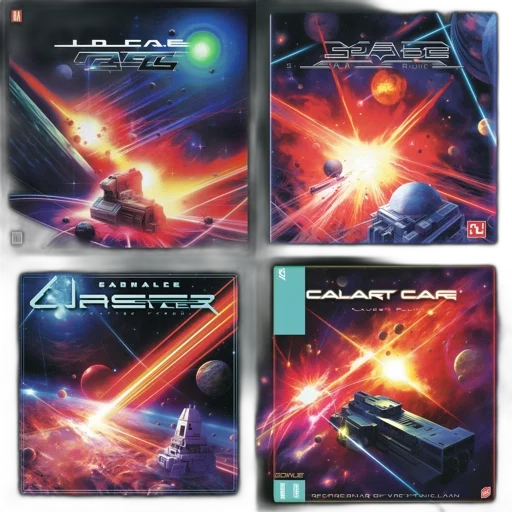 four, colorful, board, games, space-themed, artwork, shown, each transparent PNG cut-out