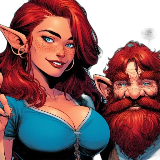 comic book art, fantasy art, concept art, two, animated, characters, confident, pointy-eared transparent PNG cut-out