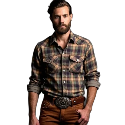 jacket, photorealistic, earth tones, man, beard, wearing, plaid, shirt transparent PNG cut-out