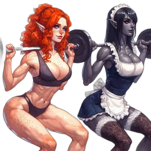comic book art, concept art, fantasy art, pixel art, two, females, one, vibrant transparent PNG cut-out