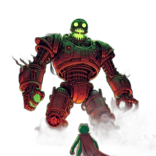 robot, weapon, creature, concept art, comic book art, fantasy art, pixel art, green transparent PNG cut-out