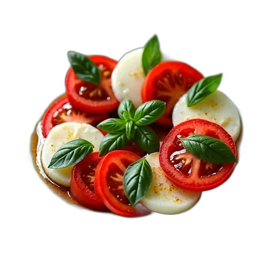 food, photorealistic, 3d render, oil painting, plate, caprese, salad, sliced transparent PNG cut-out