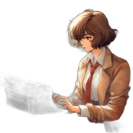 jacket, staff, weapon, face, watercolor, concept art, pixel art, anime transparent PNG cut-out
