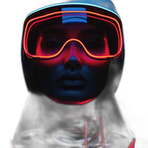 face, mask, robot, jacket, concept art, vaporwave, cyberpunk, photorealistic transparent PNG cut-out