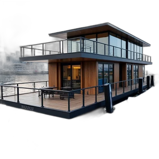 building, 3d render, photorealistic, concept art, fog, modern, houseboat, sleek transparent PNG cut-out
