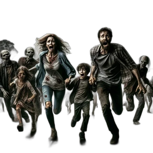 concept art, comic book art, photorealistic, fantasy art, apocalyptic, scene, family, flees transparent PNG cut-out