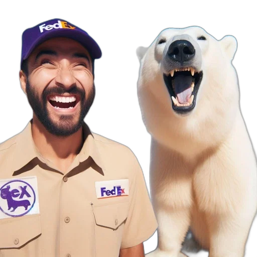 animal, staff, man, fedex, uniform, laughing, heartily, stands transparent PNG cut-out