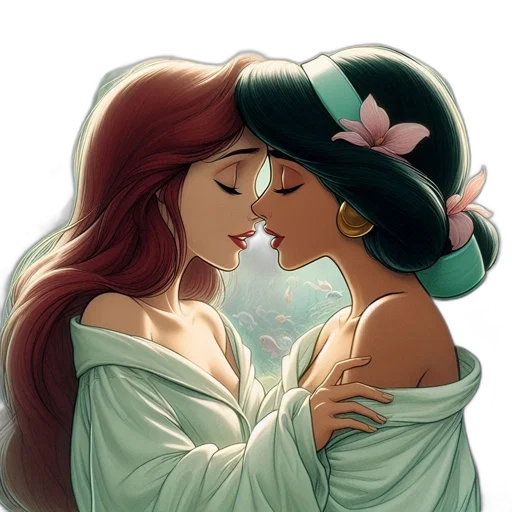 photorealistic, fantasy art, oil painting, cartoon, underwater, green, two, women transparent PNG cut-out
